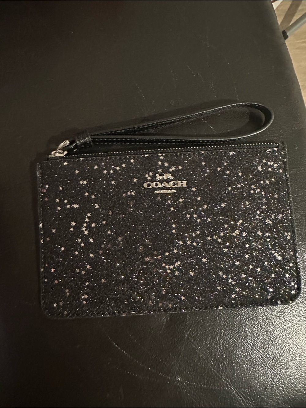 Coach Black Glitter Star Wristlet Pouch with Leather Strap